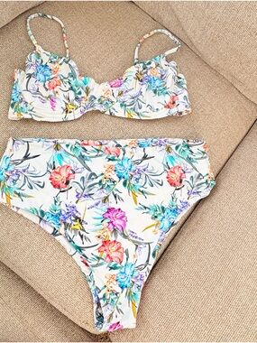 Floral High-Waist Bikini Set - White Multi